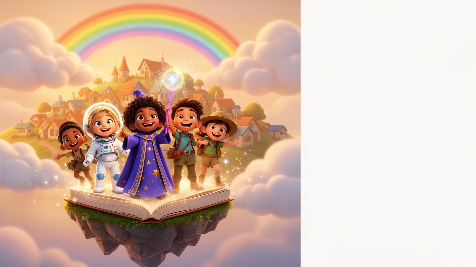Diverse children imagined as an astronaut, a wizard and an explorer standing on a floating storybook above their village